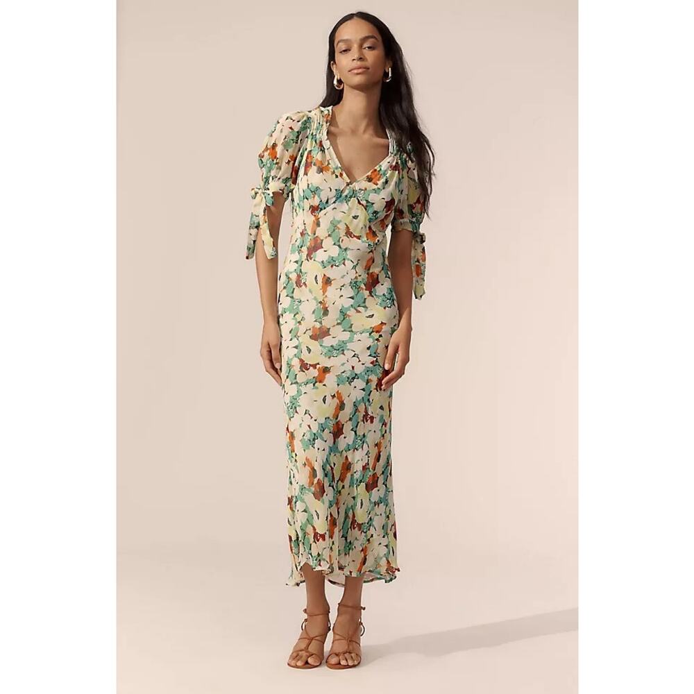 Anthropologie Womens Large Short Sleeve V-Neck Slip Midi Dress Floral Cottage
